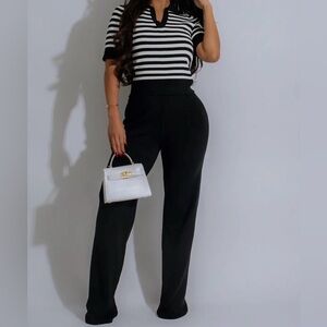 Knit Black and White Striped Top with Black Pants